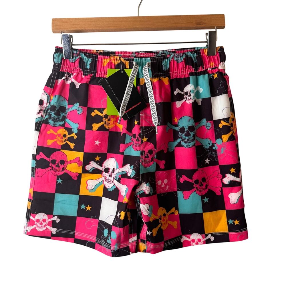 NWT Wes & Willy Youth Boys Check Skull Swim Trunks vibrant multicolored Large